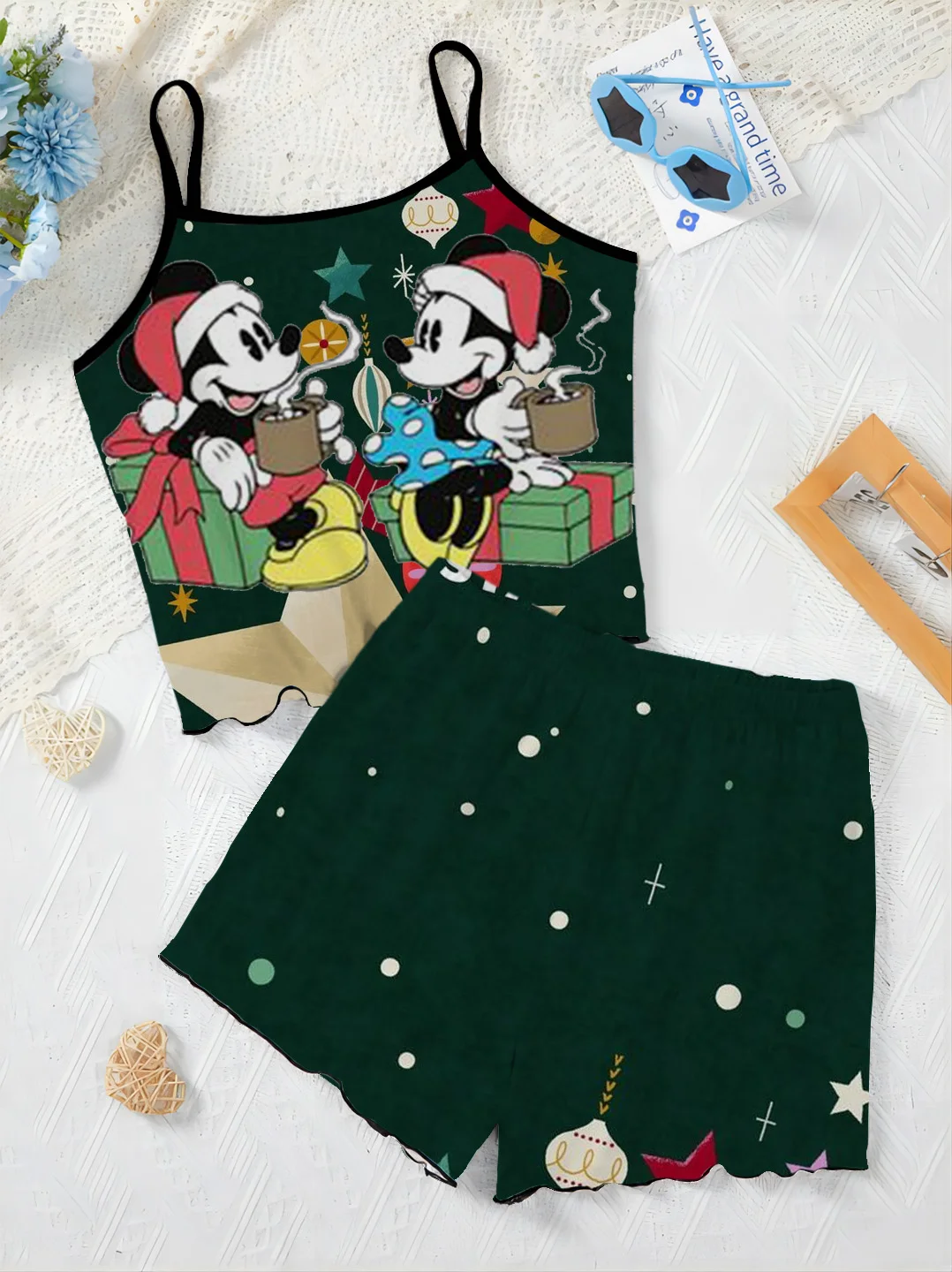 Elegant Women's Sets for Women 2 Pieces Disney Slip Dress Mickey Lettuce Trim Christmas Pajama Skirt Minnie Mouse T-shirt Short