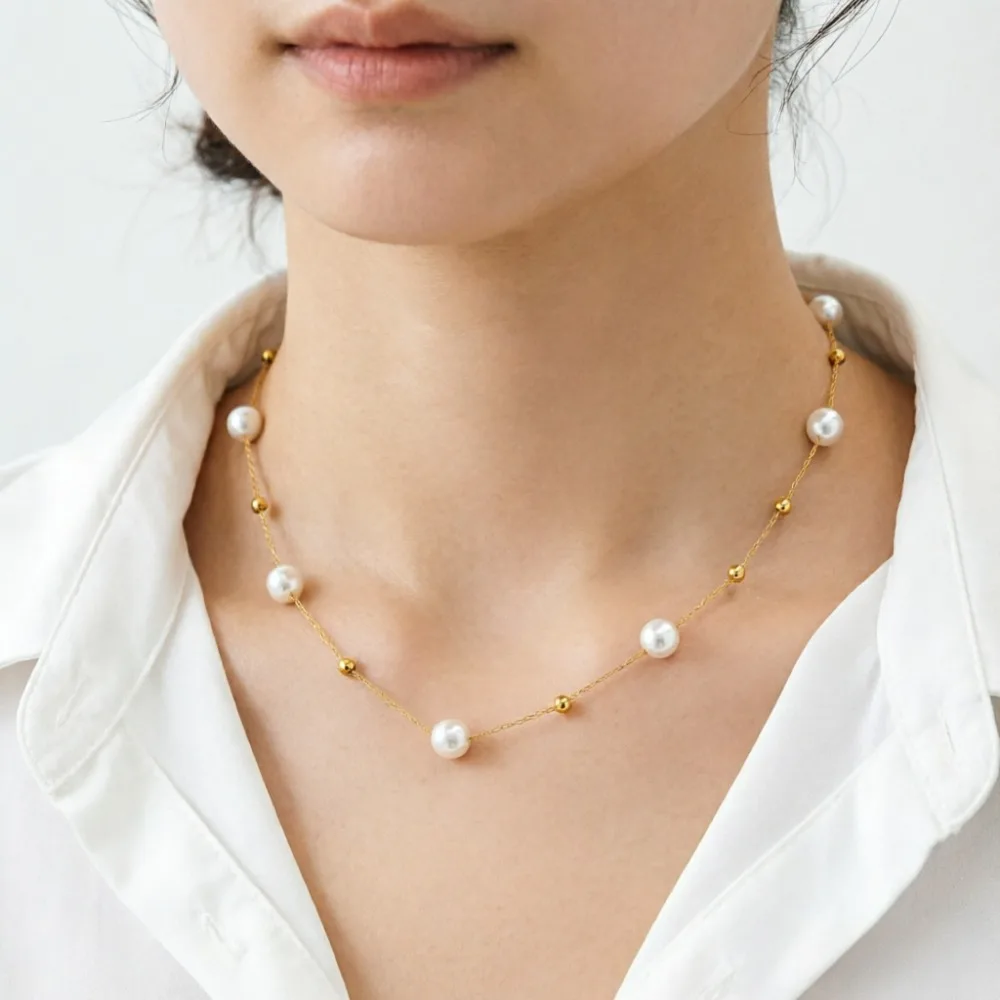 New Simple Pearl Beads Chic Exquisite Necklace for Women Gold Color Thin Chain Minimalist Chokers Fashion Jewelry Accessories