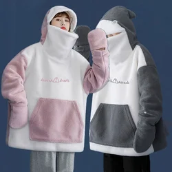 Cute Shark Shape Hoodies Couples Matching Women Kawaii Loose Tops Lambswool Zipper Hooded Sweatshirts Big Pockets Pullovers