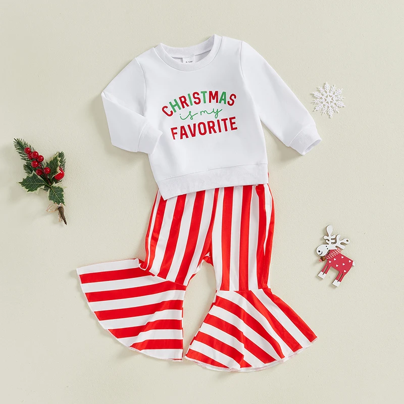 Toddler Girl 2-Piece Christmas Set with Long Sleeve Sweatshirt and Striped Bell Bottoms - Festive Baby Outfit for the Holidays