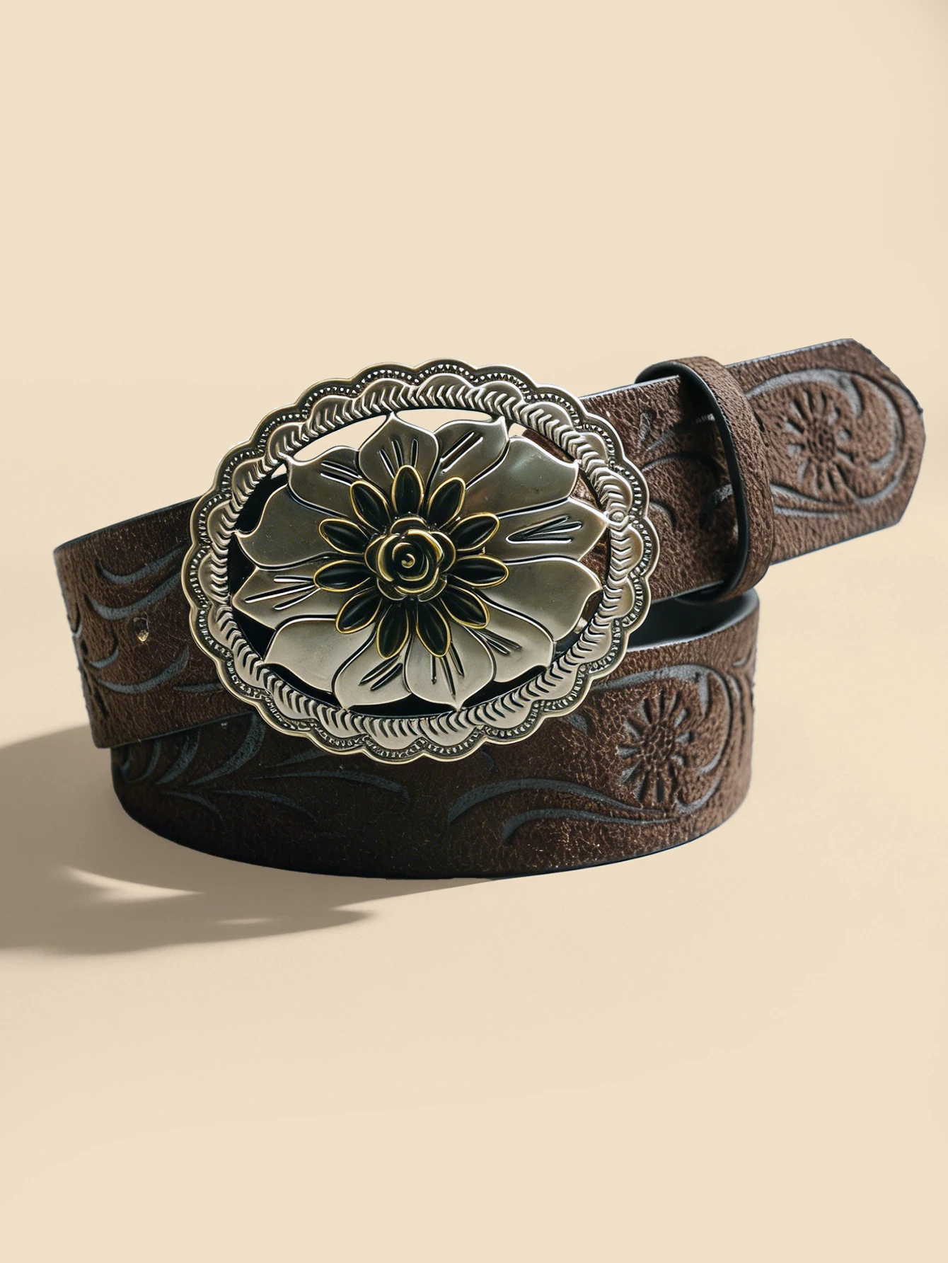 Vintage Flower Metal Buckle Belt Brown Black Embossed Women's Fashion Waistband Retro Decorative Belt