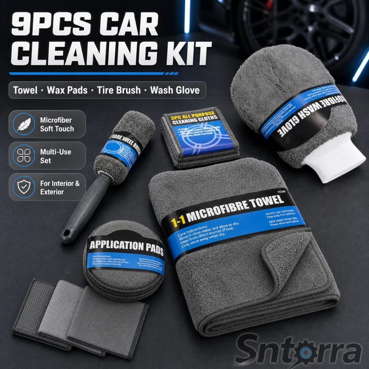**9PCS Car Cleaning Kit with Microfiber Towels, Wax Applicator, Tire Brush & Wash Mitt, Complete Car Detailing Set for Interior