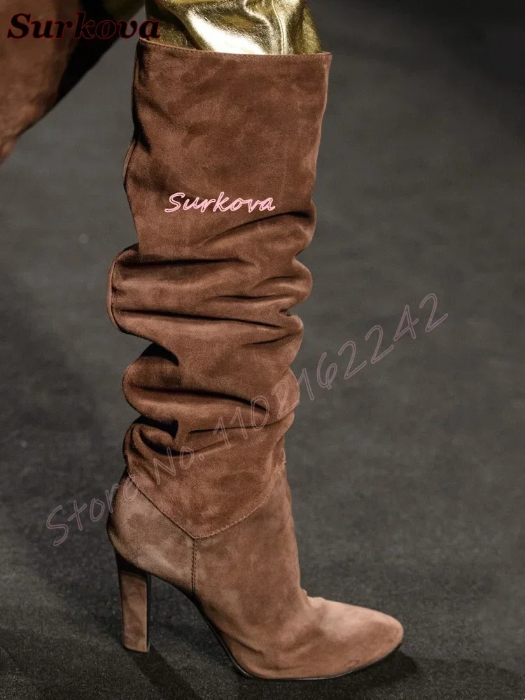 Retro Pleated Slip On Modern Boots Round Toe Thick Heel Winter Knee-High Boots Fashion Catwalk Dress Newest Long Boots Spring 46