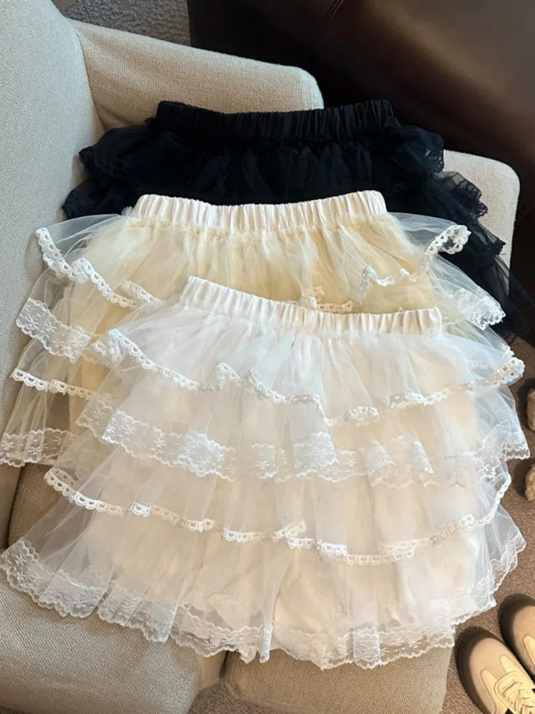 

Princess Style Mesh Skirt Short Puffy Skirts Women's Summer New Lace Trim Anti-Light Skirt Pants High Waist Cake Skirt