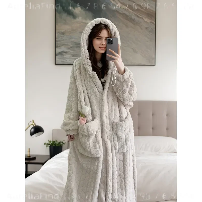 Women's Flannel Robe Autumn Winter Coral Fleece Long Loungewear Slouchy Sleep Robe Soft Warm Cozy Bathrobe Loose Housecoat For Indoor Home Wear Nightwear view 6