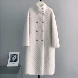 New 2025 Winter Women's Double breasted Long Sheep Fleece Fur Coat Fashion Australian Wool Coats Female Warm Parker Overcoat