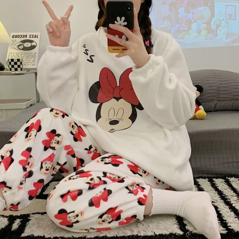 Cartoon Disney Mickey Mouse pajamas pajamas women\'s autumn and winter warm flannel two-piece set women\'s pajamas loungewear