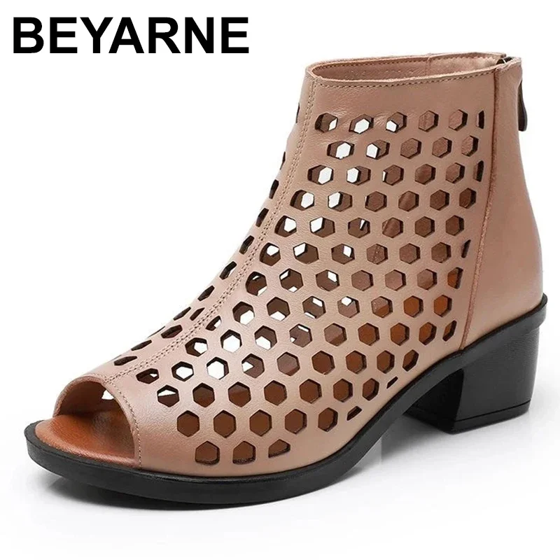 Summer Boots Women Sandals Genuine Leather High Heels Platform Hollow Peep Toe Female Ladies Shoes Zapatos De Mujer