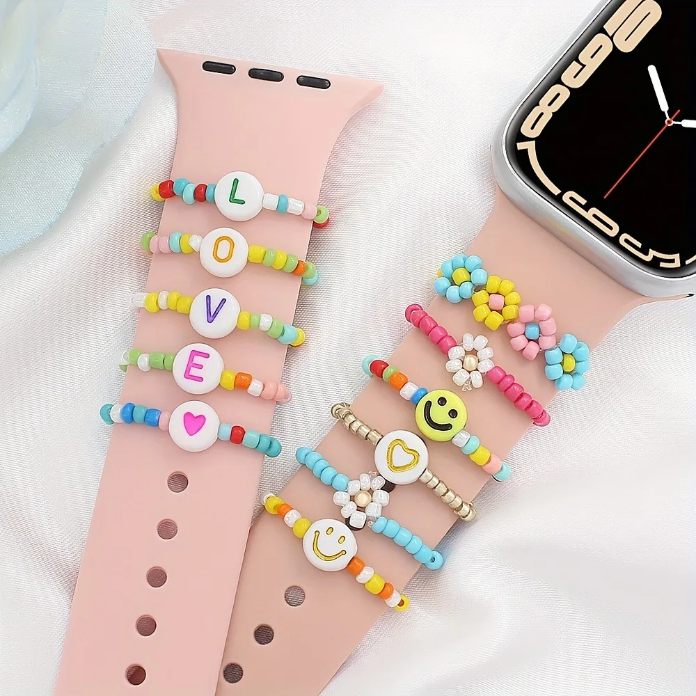 5/6pcs Cute Beaded Watchband Ring Loops, LOVE Heart Flower Smile Face Charms Decorations Compatible With IWatch Series Band, Tha