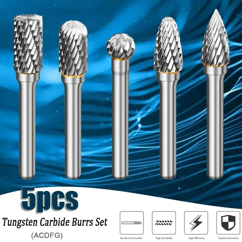 5pc Tungsten Carbide Burrs Set  6mm Shank Carving Bit Double Cutter Rotary File Super Hard for Metal Wood Stone Plastic Cut