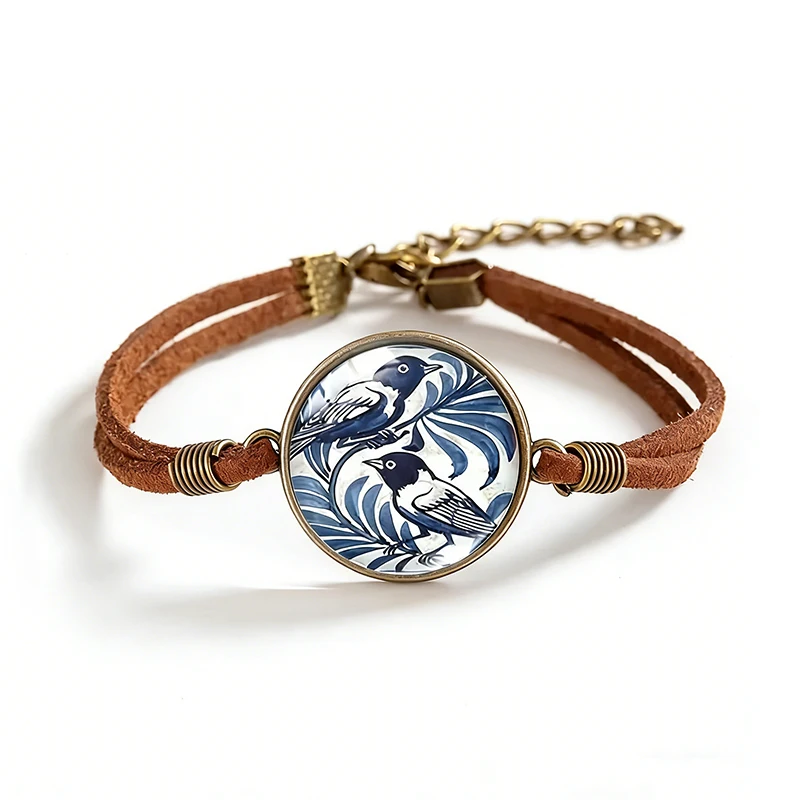 Vintage Blue Magpie Bird Leather Bracelet Round Antique Bronze Plated Glass Dome Bracelets Jewelry Accessories