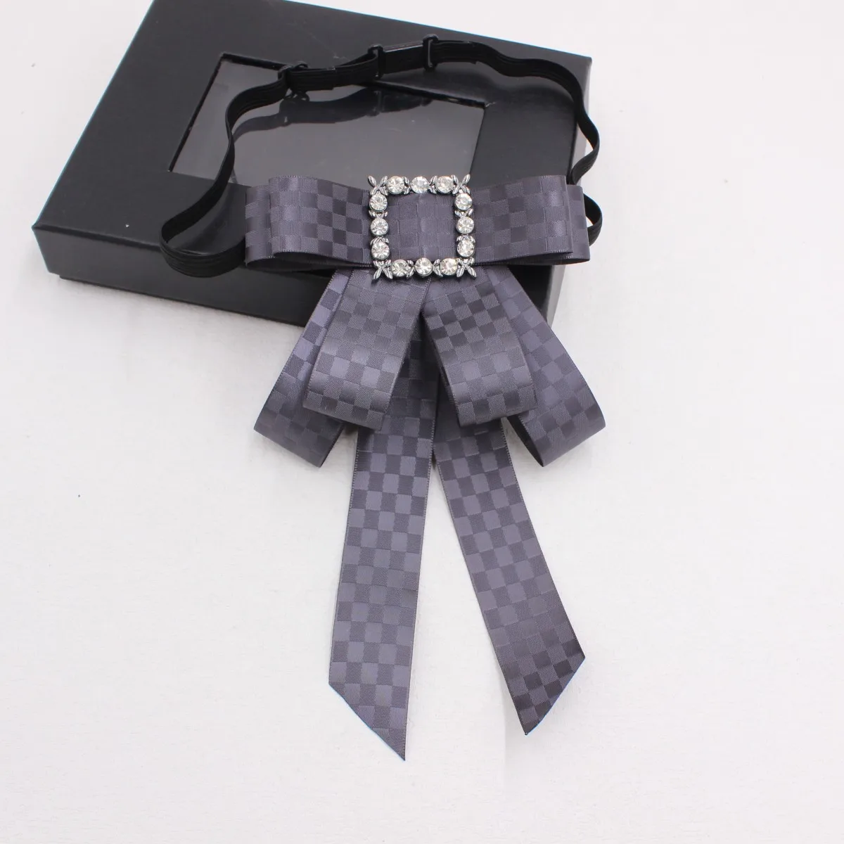 Women Black Bow Tie with Rhinestone Buckle Adjustable Uniform Ribbon Necktie for Office School Shirt – No Gift Box Included S346