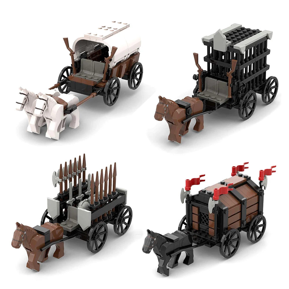 

MOC Medieval Chariot Model Weapon Wagon Building Blocks Horse Drawn Caravan Western Carriage Decoration Toys for Children