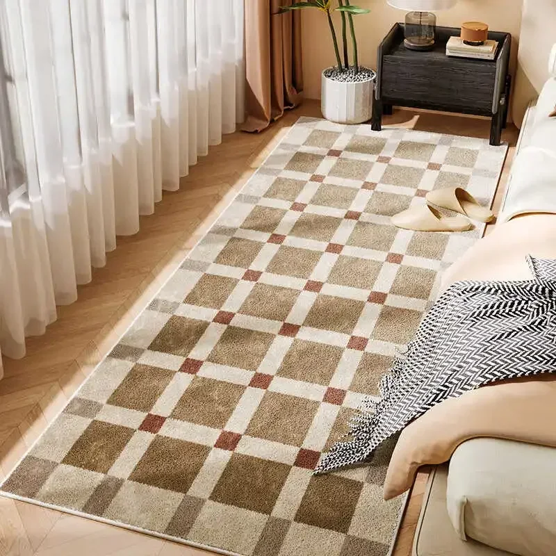 Brown Plaid Bedside Carpet American Retro Bedroom Rug Large Size Home Decoration Carpets Machine Washable Easy Fold Balcony Rugs