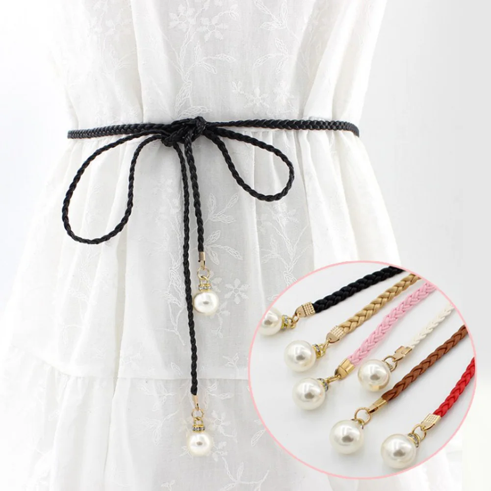 Women Hemp Rope Braided Waist Chain Big Pearl Dress Belt Candy Color Versatile Waist Belt Fashion Clothes Decoration Waistband