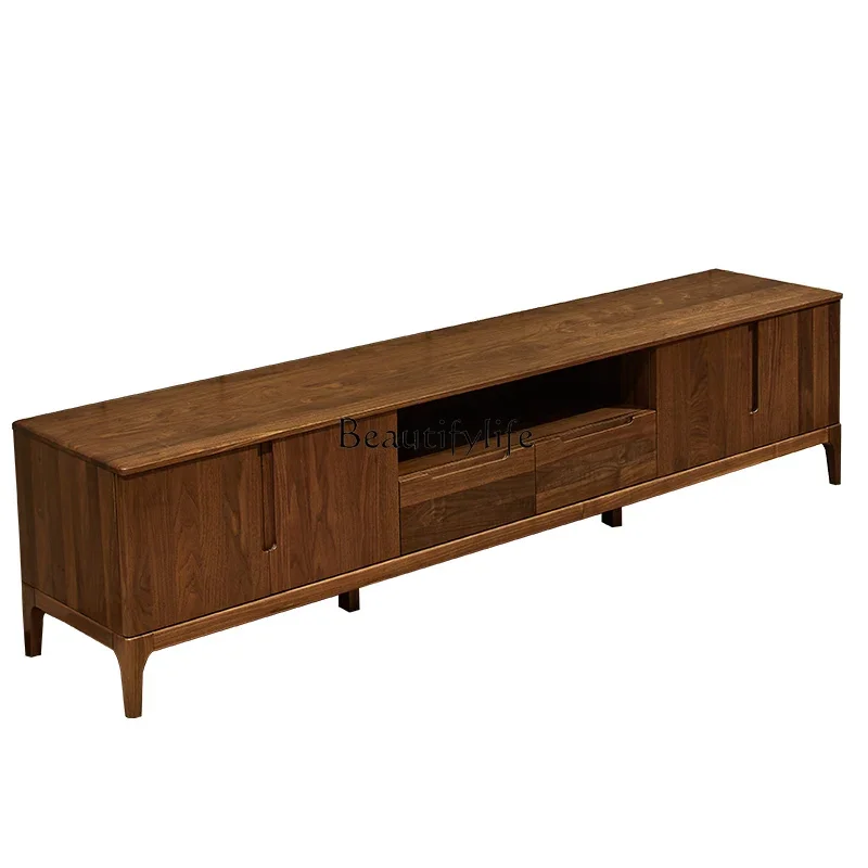 

All solid wood TV cabinet Italian light luxury North American black walnut floor cabinet simple