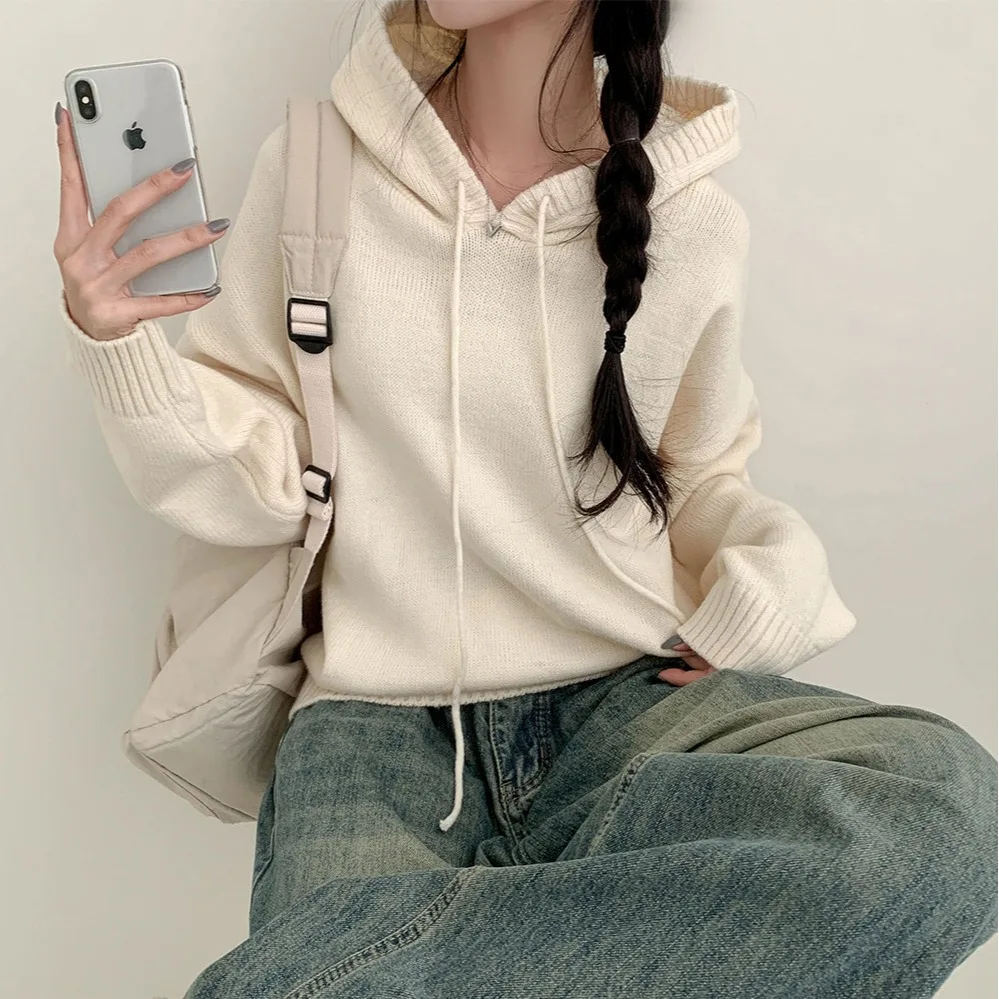 

Women's Chic Lazy Sle Color Thi Long Sve Hoodie Knitted Sweater Casual Loose Fit Top Lantern Sve Knitwear