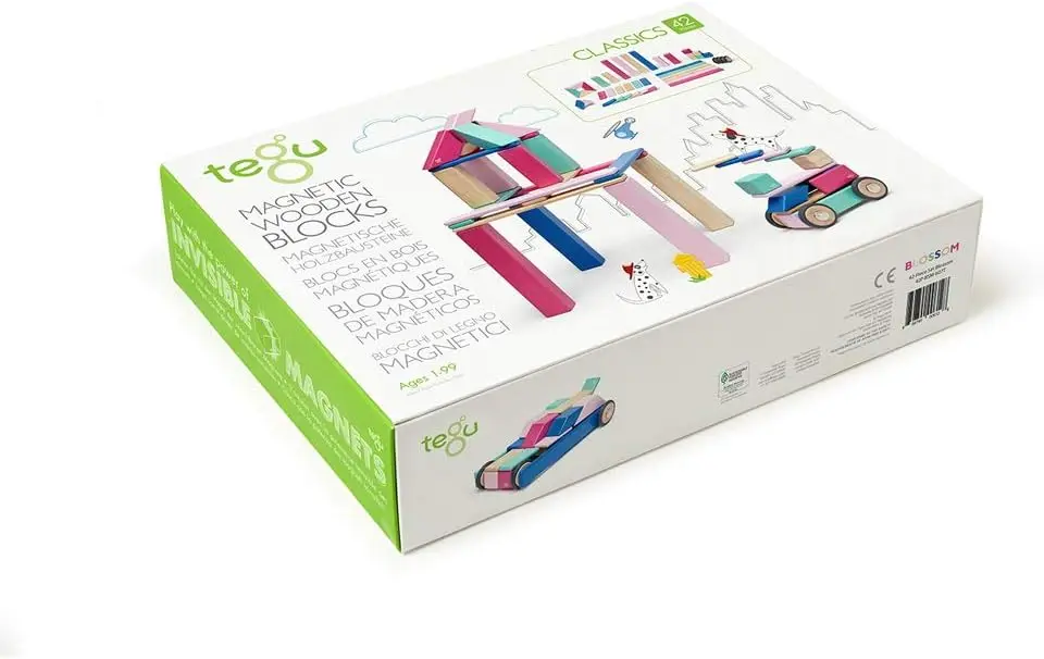 42-delige Tegu magnetische houten blokset, bloesem/zonsondergang/blauw