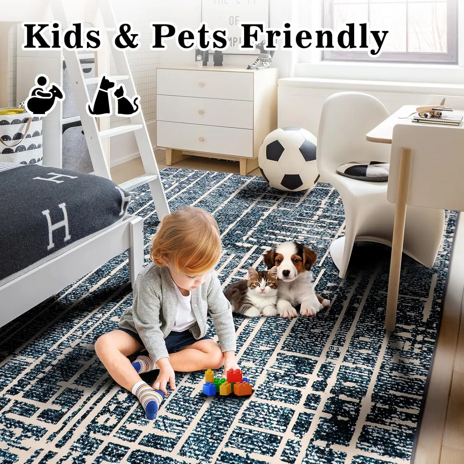 Modern Abstract Area Rug Washable Rugs for Living Room Non Slip, Faux Wool Low Pile Bedroom Floor Carpet for Dining Room, Kids'