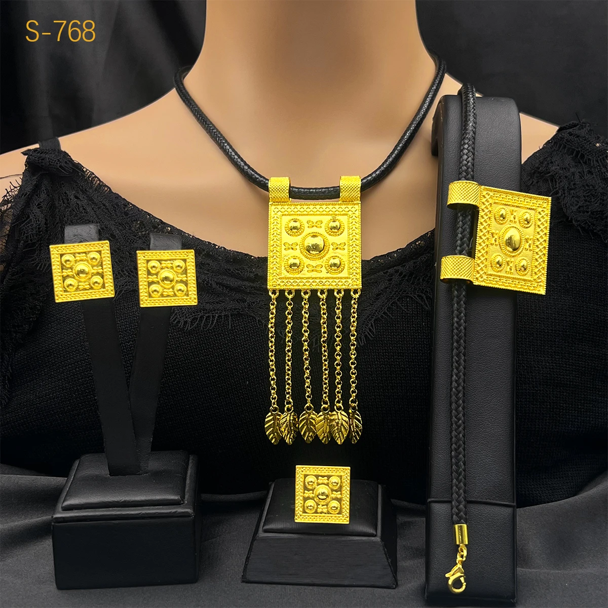 Luxury Gold Color Bridal Jewelry Sets for Women Ethiopian Black Rope Tassel Pendant Necklace Earrings Bracelet Ring Wedding Gift