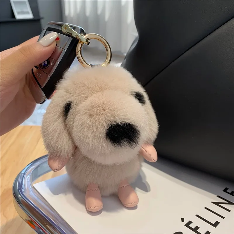 Pendant Keychain Luxury Little Dog Cute Puppy Real Rex Rabbit Fur Trinket Keyring For Women Bag Purse Ornament Accessories Gifts