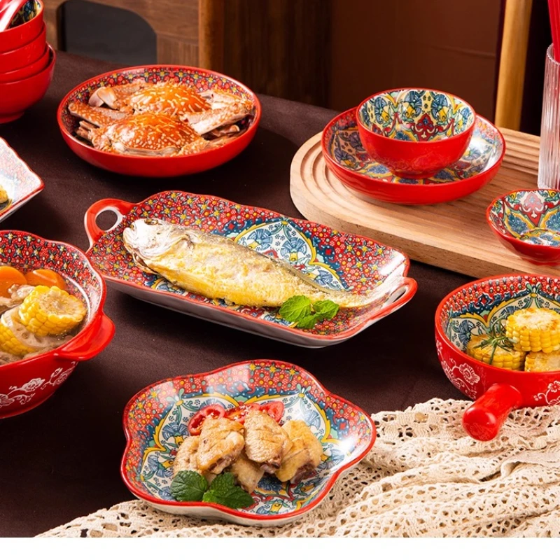 Bohemia Ceramic Rice Bowl Serving Plate Creative Ceramic Cutlery Soup Noodle Bowl Household Handle Bowl Sauce Dish
