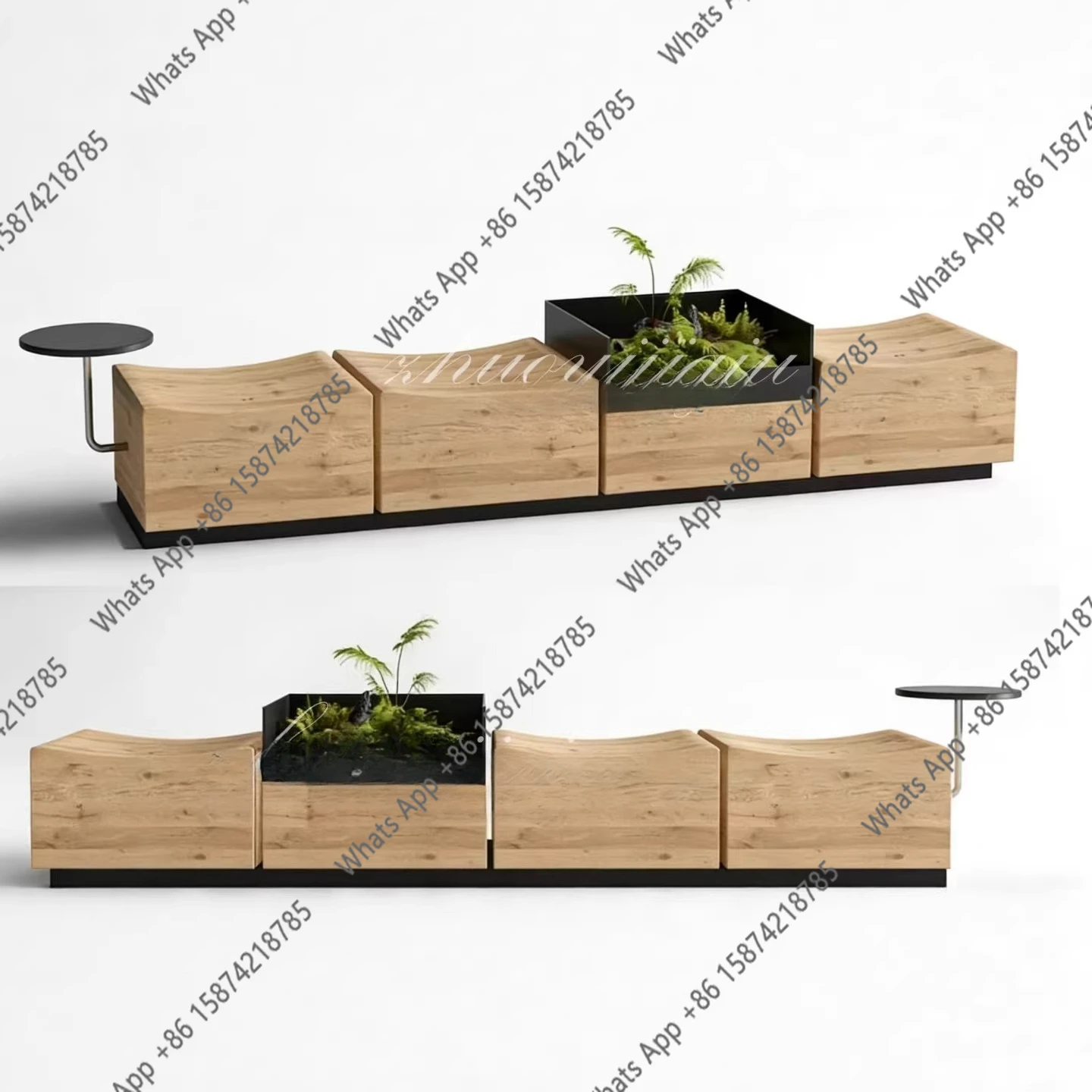Designer Creative Wooden Commercial Leisure With Flower Pot Storage Bench Club Cafe Rest Area Seat