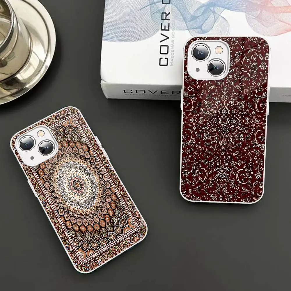 Persischer Teppich mit Blumenmuster für iPhone 14 13 12 Mini 11 Pro XS Max X XR 14 Plus, gehärtete Glasabdeckung