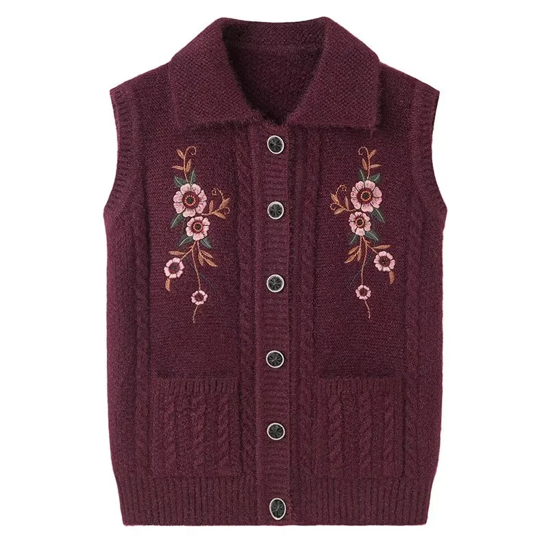 Embroidered Middle-Aged Elderly Women Sweater Vest AutumnWinter Clothes Grandma Cardigan Vests Mother Knit Tops Female Waistcoat