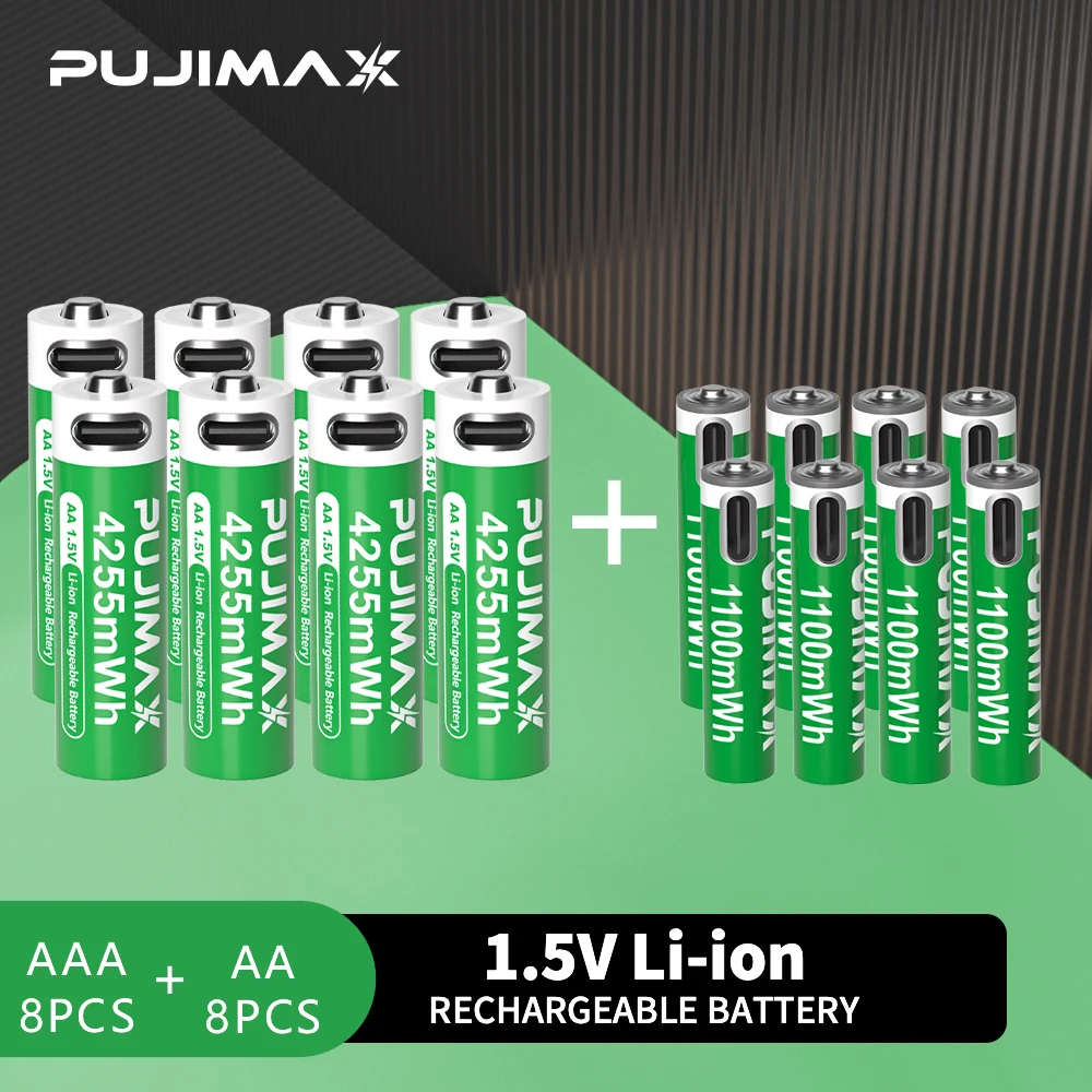 PUJIMAX 1.5V AAA/AA 3400mWh 1100mWh Rechargeable Battery USB Type-C Rechargeable Li-ion Battery For Remote Control Electric Toys