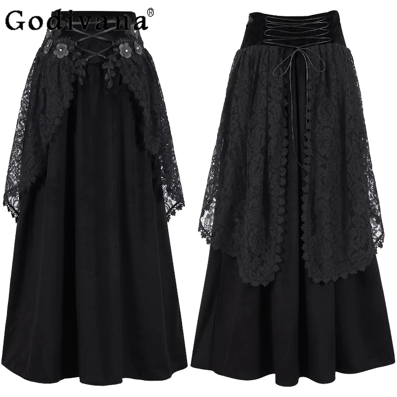 

European Vintage Waist Cinching Elegant Lace Three-dimensional Flower Women Dark Skirt Gothic Chic Velvet Big Swing Long Skirts
