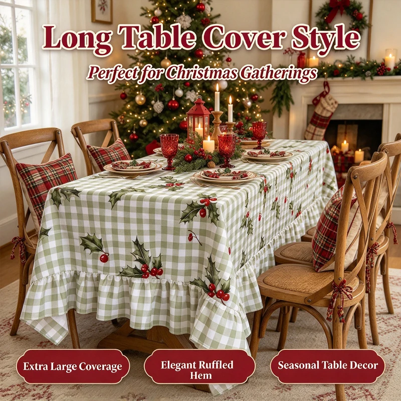 Christmas Holly Patten Tablecloth with Ruffle Hem Berry Print Waterproof Rectangle Table Cover for Holiday Dinner Party Decor