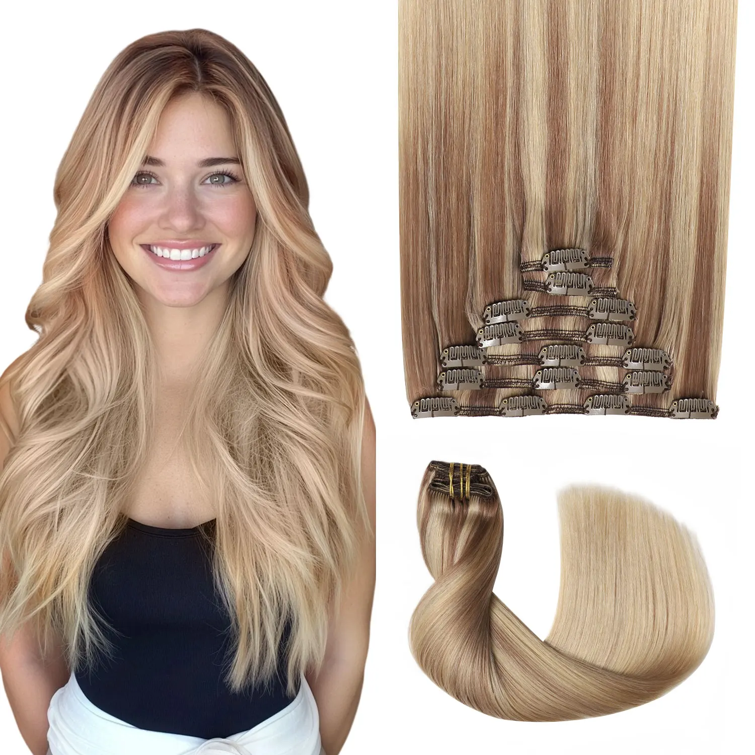 Extensions à clipser Sweetmet Pro2.0 en cheveux humains, 120g, épaisses, 7 pièces # Extensions de cheveux humains Remy blond doré clair, 10/16/16, à clipser, 35cm-55cm, tissu double maille sans couture pour femmes