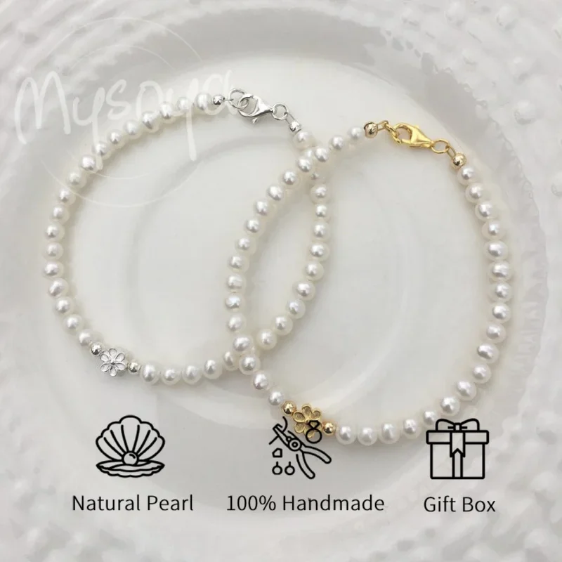 

MYSOYA 5-6mm Natural White Freshwater Pearl Bracelet With Gift Box June Birthstone Perfect Birthday Wedding Jewelry Gift