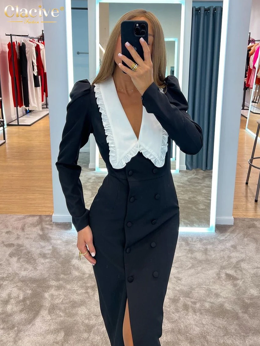 Clacive Bodycon Black Patchwork Dress Elegant Ruffle Collar Long Sleeve Office Midi Dress Fashion Slim Slit Dresses For Women