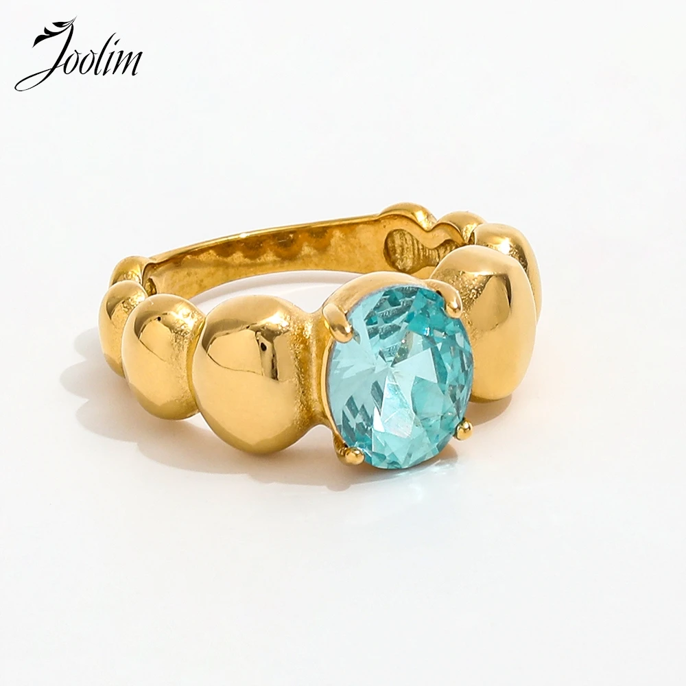 Joolim High End PVD Tarnish Free Fashion Chunky Light Blue Goose Egg Zirconia Ring for Women Stainless Steel Jewelry Wholesale