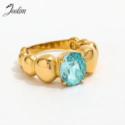 Joolim High End PVD Tarnish Free Fashion Chunky Light Blue Goose Egg Zirconia Ring for Women Stainless Steel Jewelry Wholesale