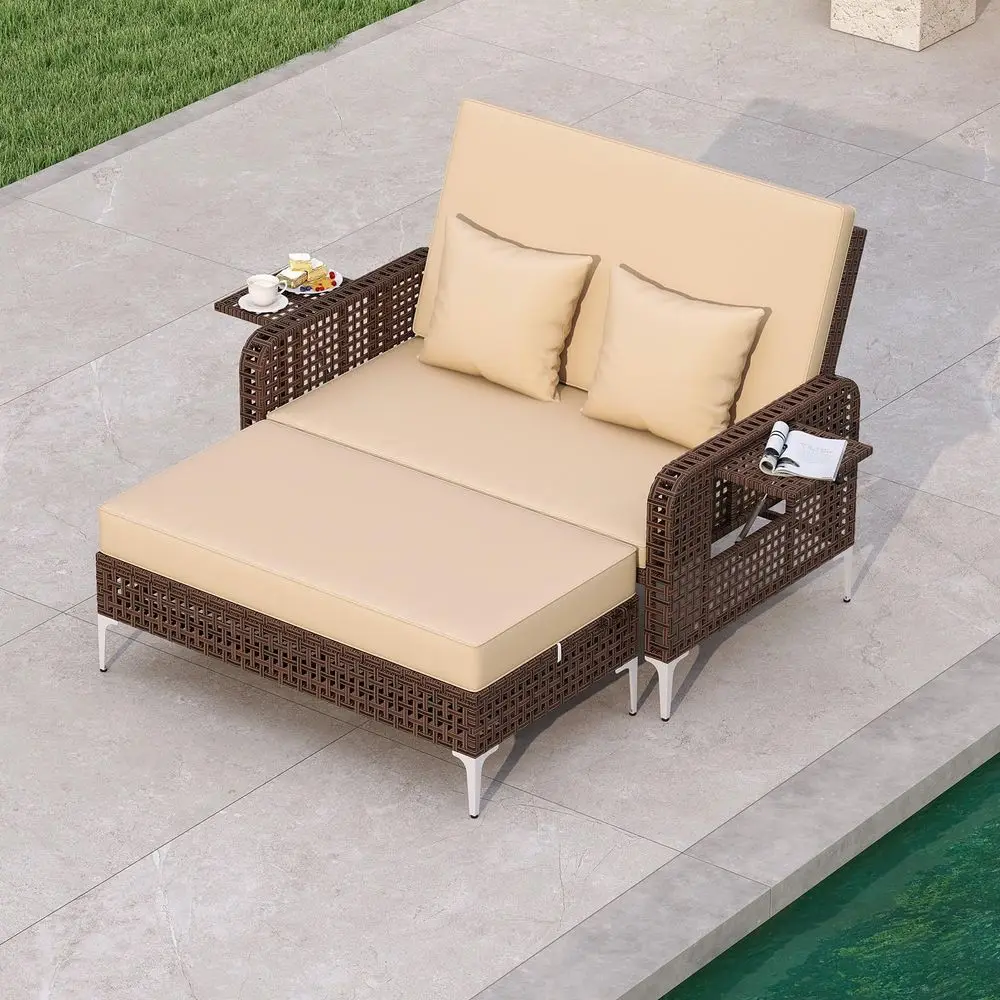 Rattan Patio Outdoor Daybed 2Person Wicker Bed Lounger w 4Level Adjustable Backrest amp Folding Side Tables, Cushioned Sunbed D