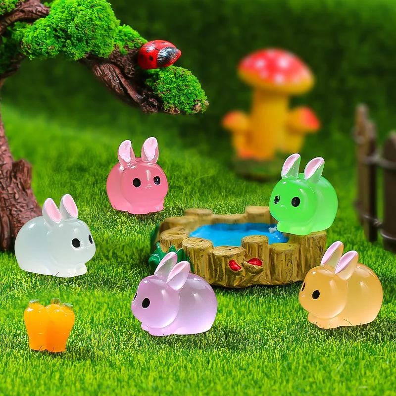 6pcs Night Light Resin Simulation Rabbit Resin DIY Jewelry Accessories Doll Creative 3D Micro Landscape Ornament