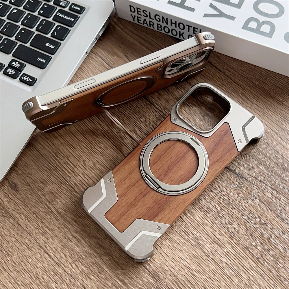Frameless Armor Fold Ring Stand Holder Wooden Case for iPhone 16 15 13 14 Pro Max Military Invisible Bracket Shockproof Cover