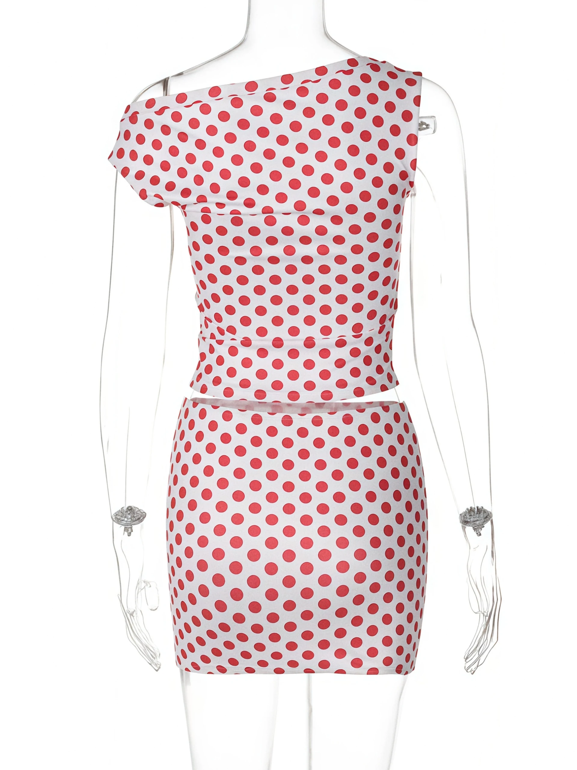 Absobe Polka Dot Printed Off One Shoulder Tank Top Mini Skirt Set Women Slash Neck Crop Vest Short Skirt Suit Hottie Y2K Outfit