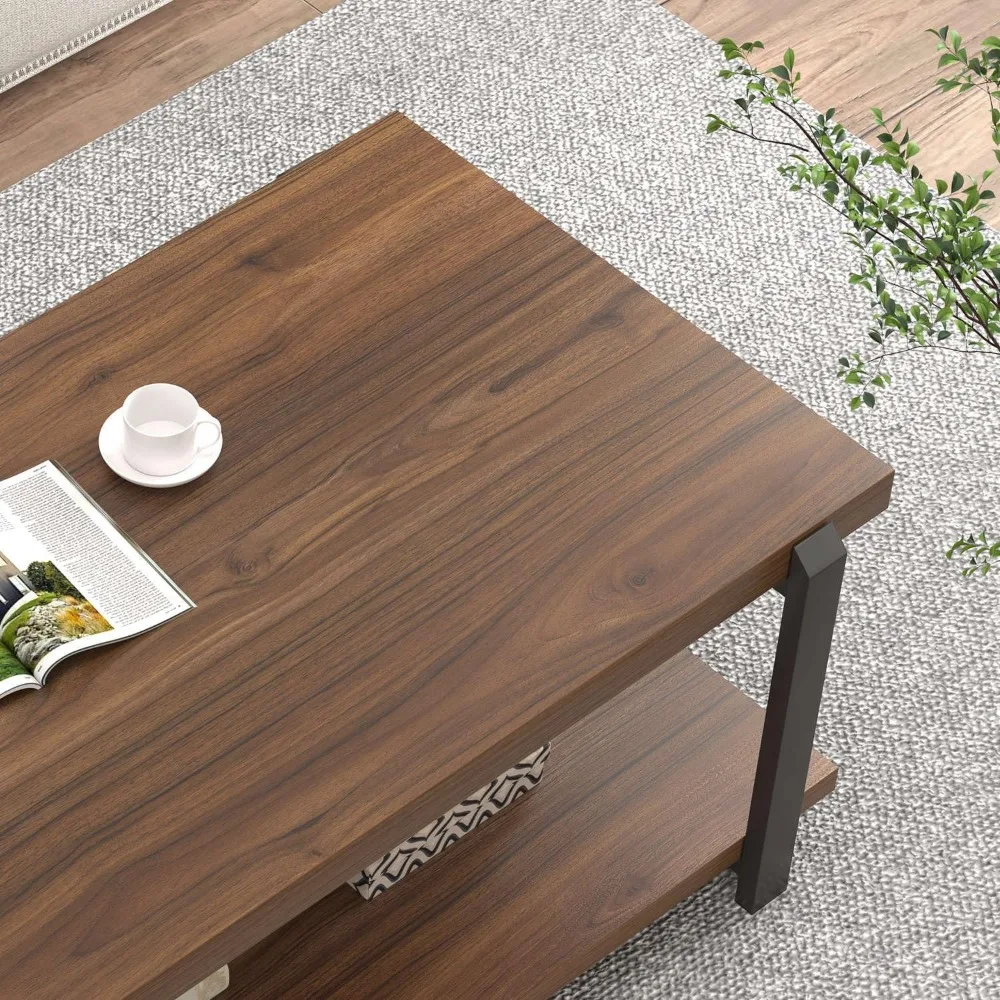 Modern coffee table with storage shelves, industrial metal and wood living room table for bedroom office