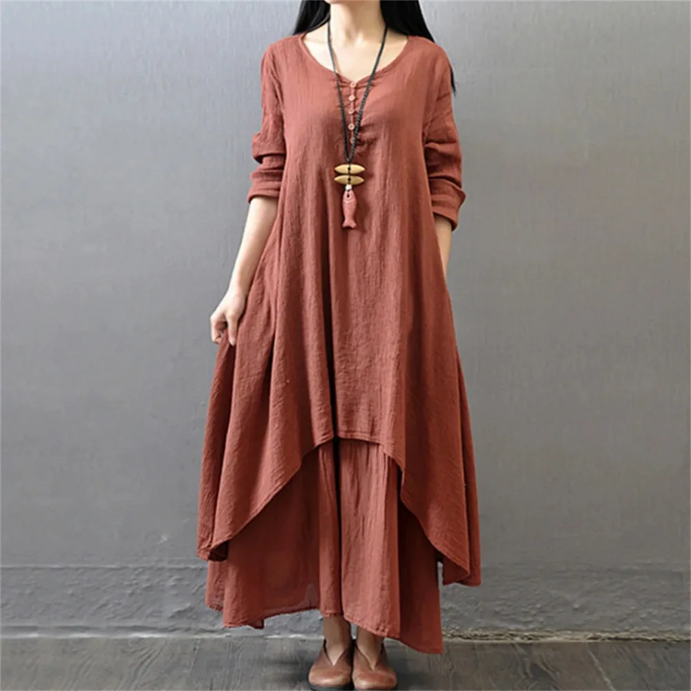 Women Elegant Linen White Dresses Bohemia Layering Vintage Robe Long Sleeve Loose Long Dress Female Autumn Vestidos