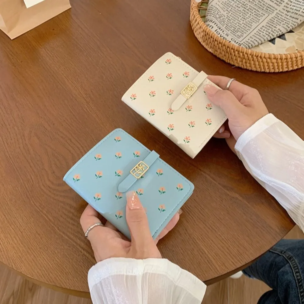

Simple PU Floral Print Card Wallet Partysu Soft Flower Pattern Bifold Purse Storage Causal Card Holder Girl