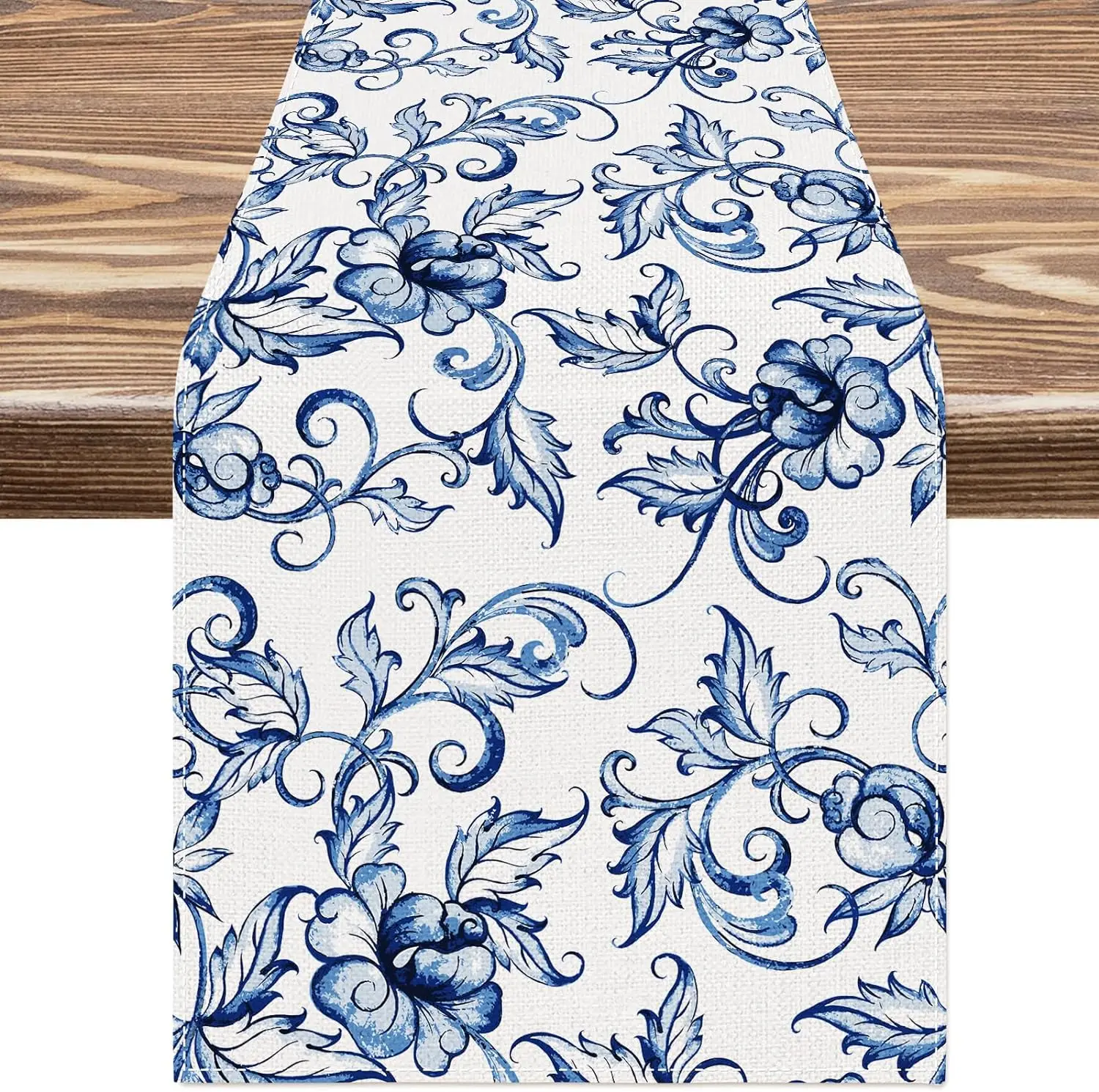 

Blue White Watercolor Flower Linen Table Runners Chinoiserie Floral Rectangle Table Runner for Wedding Party Dining Table Decor