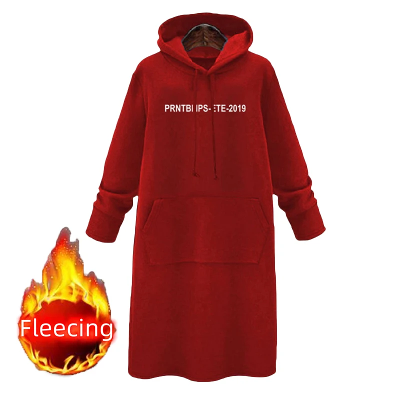 Fleece Hooded Shirt Zip-up Sweatshirt Letter Knee Length Dress Casual Woman Clothes Streetwear Winter Long Sleeve Sportwear Y2K