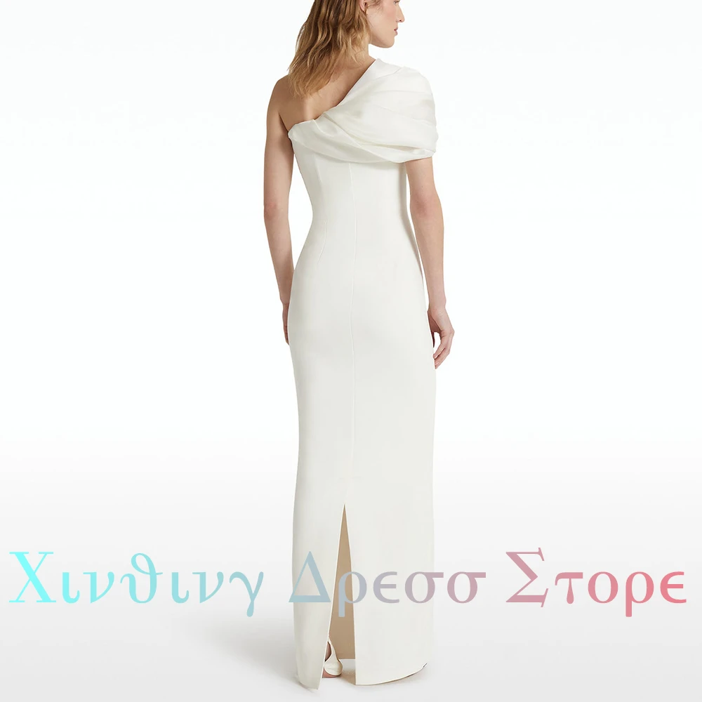 Modern One Shoulder Back Slit Wedding Dress Classic Straight Boat Neck Pleats Solid Color Jersey Short Sleeves Vestido De Novia