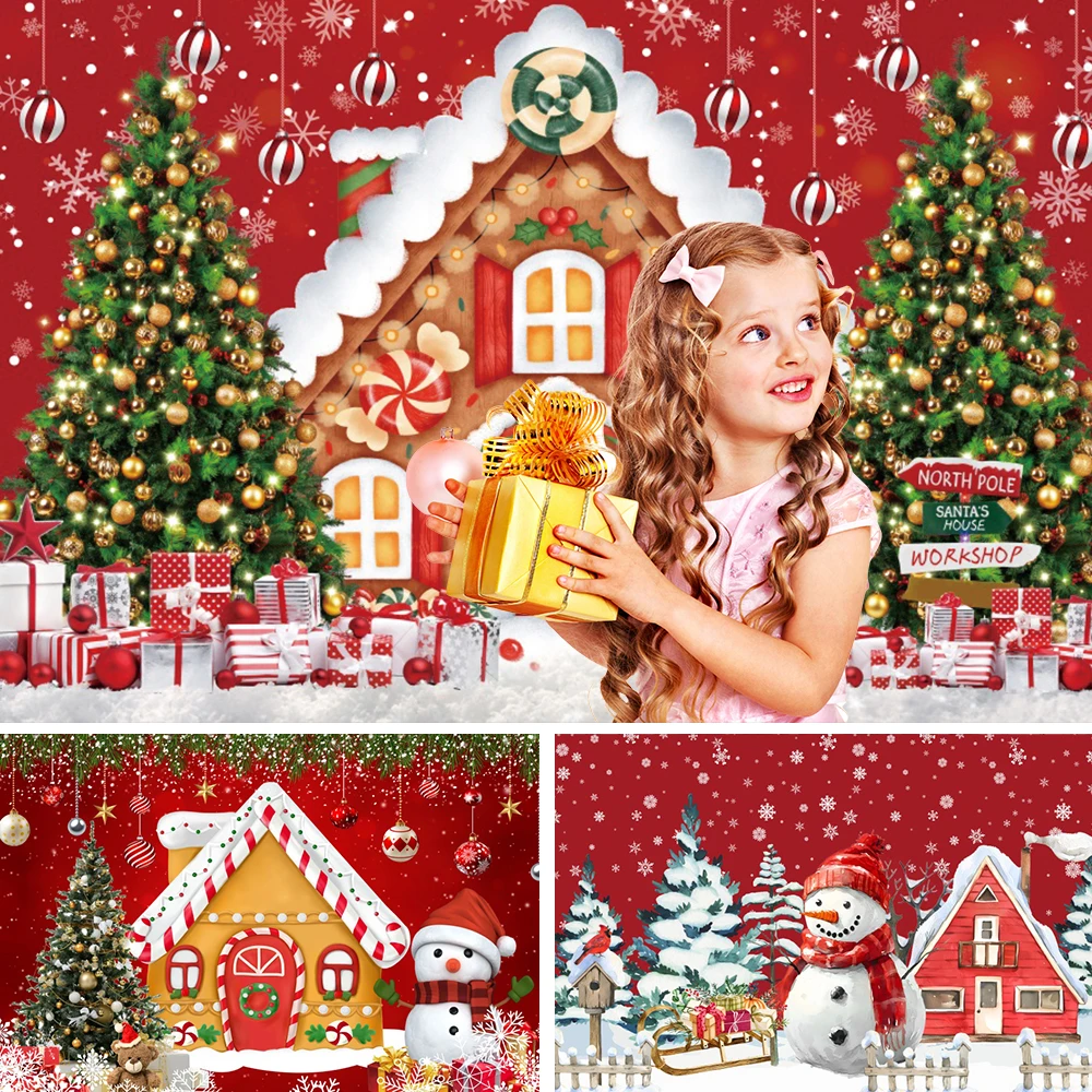 

Red Cartoon Christmas Backdrop Xmas Tree Gifts Balls Santa Claus Family Party Baby Photo Photographic Background Photo Studio