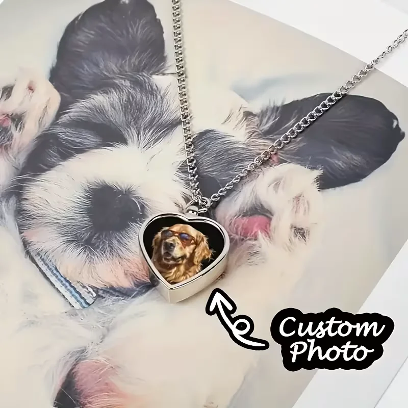 Personalised Pet Memorial Necklace - Heart-shaped Ashes Necklace with Customisable Photo and Text Engraving