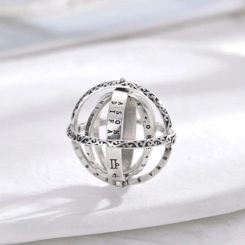 925 Sterling Silver Astronomical Ring Retro Convertible Male and Female Spherical Ring Cosmic Pendant